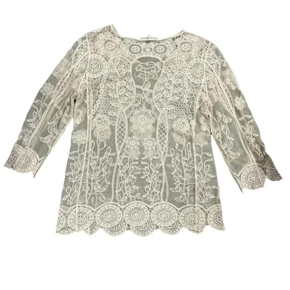 Altar’d State Crochet Lace Blouse Sheer Women’s Small/Med Round Neck EUC Cream - Picture 2 of 6